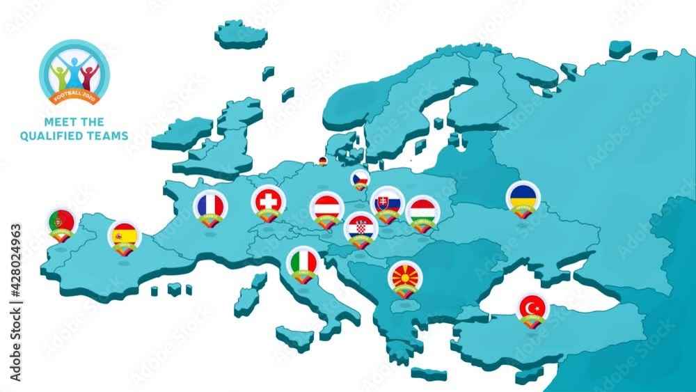 European 2020 football championship animation. 4k motion video illustration with a map of Europe with highlighted countries flag that qualified to final stage on alpha channel background.