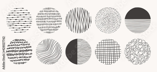 Set of circle hand drawn patterns. Vector textures made with ink, pencil, brush. Geometric doodle shapes of spots, dots, circles, strokes, stripes, lines. Template for social media, posters, prints.