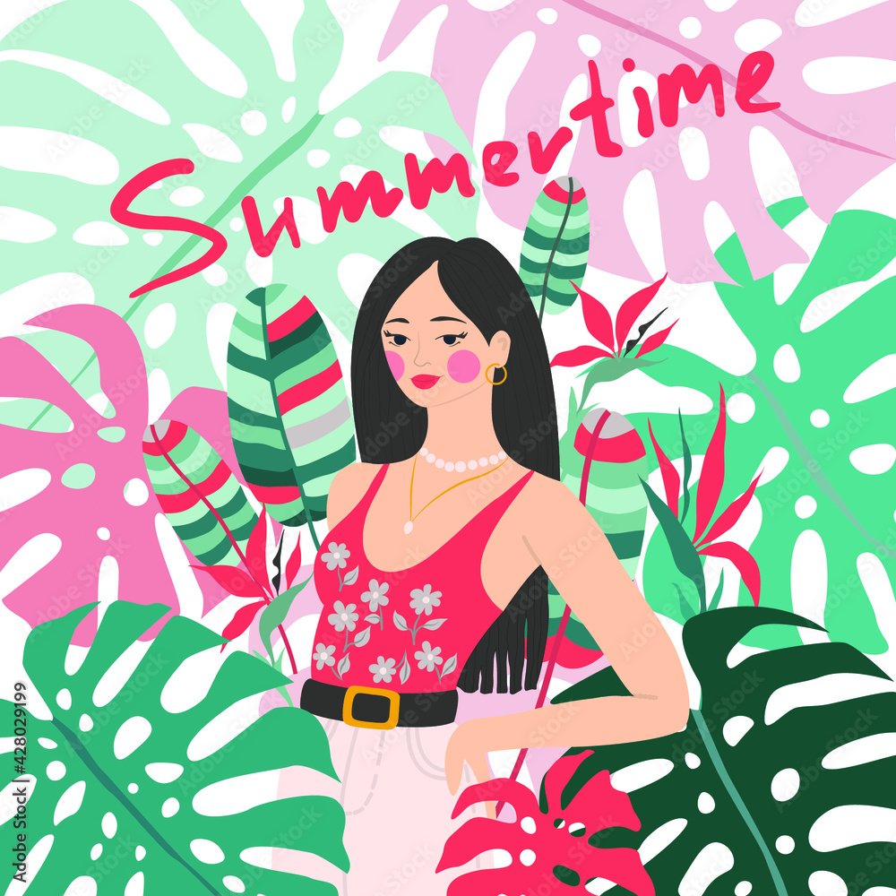 Beautiful fashion girl in tropical leaves. Bright summer illustration for any purposes. Vector colorful print with a woman.