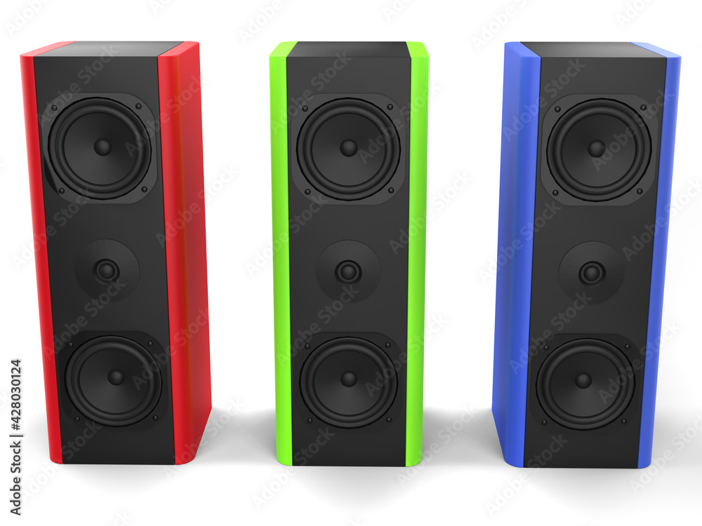 Cool modern music speakers with red, green and blue side panels Cool modern music speakers with red, green and blue side panels