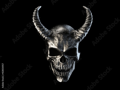 Fototapeta Heavy metal demon skull with horns with sharp teeth
