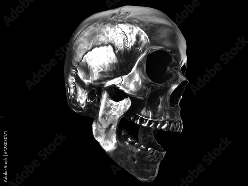 Rough metal skull with open mouth - side view