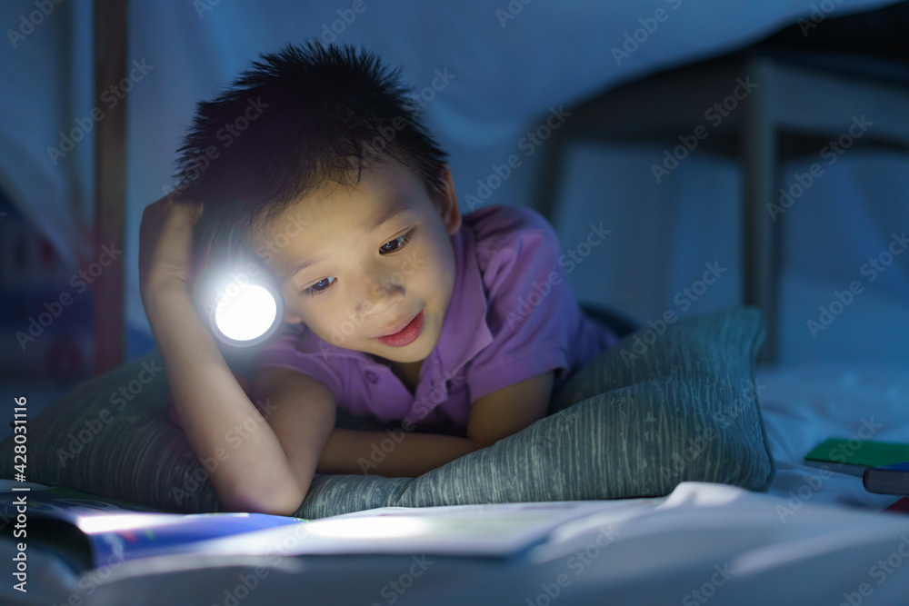 Asian preschool boy child to make a camp to play imaginatively and reading book by flashlight in living room at home.. Asian preschool boy child to make a camp to play imaginatively and reading book by flashlight in living room at home..