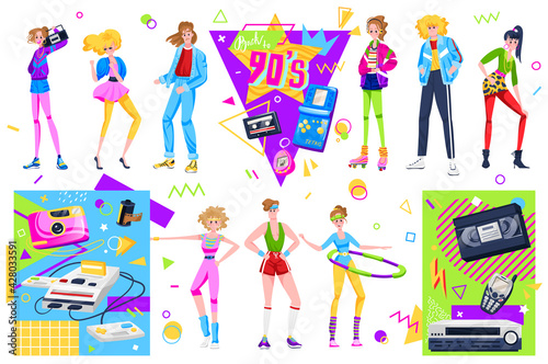 Retro disco people vector illustration set, cartoon flat woman man dancer characters dancing in fashion clothes and hairstyles in 90s