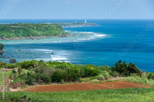 Breathtaking view of a Higashi-Hennazaki cape, green vegetation and agriculture field on foreground, a beautiful turquoise sea and its white lighthouse far away. Miyako Island.