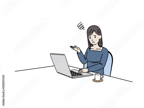 パソコンを使う若い女性　困る　トラブル　問題　イラスト素材