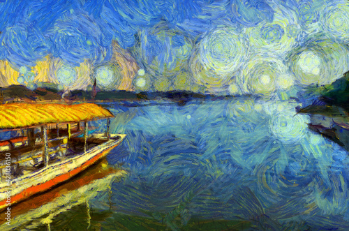 Landscape of the Mekong River in Thailand Illustrations creates an impressionist style of painting. © Kittipong
