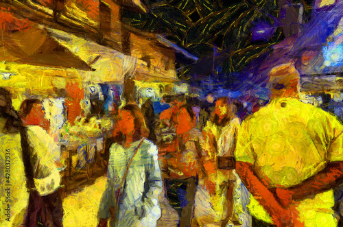 Landscape of the market at night, community market along the Mekong River Illustrations creates an impressionist style of painting.