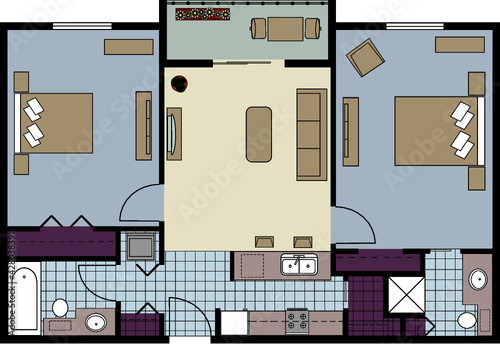 Vector of two bedroom and two bathrooms condo. Detailed floor plan with furniture.