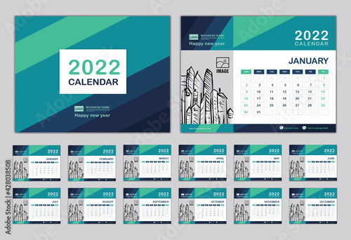 Calendar 2022 template vector, Set Desk calendar 2022 design, Happy New year, Wall calendar design, Calendar Planner, Week start on Sunday, Set of 12 Months, Minimal cover design. green background. 