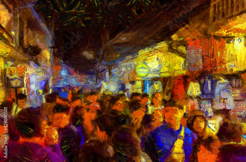 Landscape of the market at night, community market along the Mekong River Illustrations creates an impressionist style of painting. © Kittipong