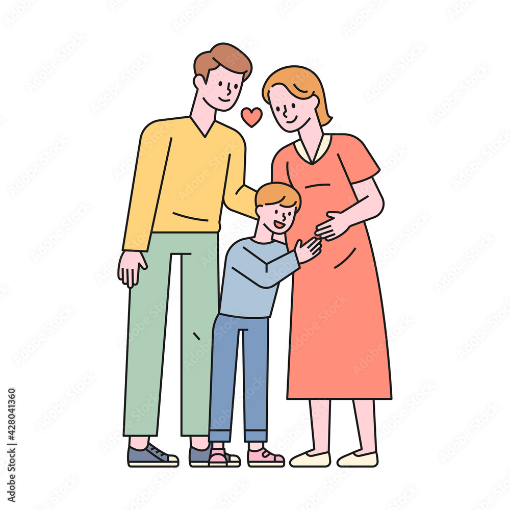 The son is hugging the pregnant mother's belly, and the dad and mother are smiling happily. flat design style minimal vector illustration. The son is hugging the pregnant mother's belly, and the dad and mother are smiling happily. flat design style minimal vector illustration.