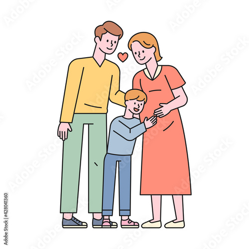 The son is hugging the pregnant mother's belly, and the dad and mother are smiling happily. flat design style minimal vector illustration.