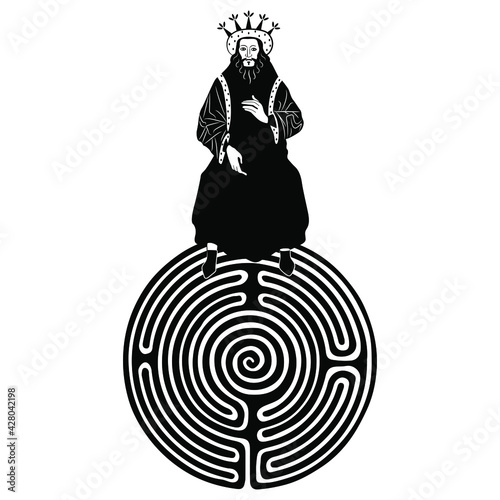 Medieval king sitting on top of maze or labyrinth symbol and holding ball of yarn thread. Black and white silhouette. Creative concept for wisdom and finding the way.