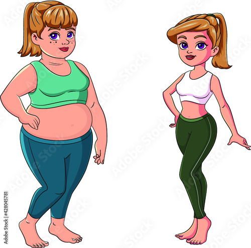 cartoon vector illustration of a fat and skinny girl