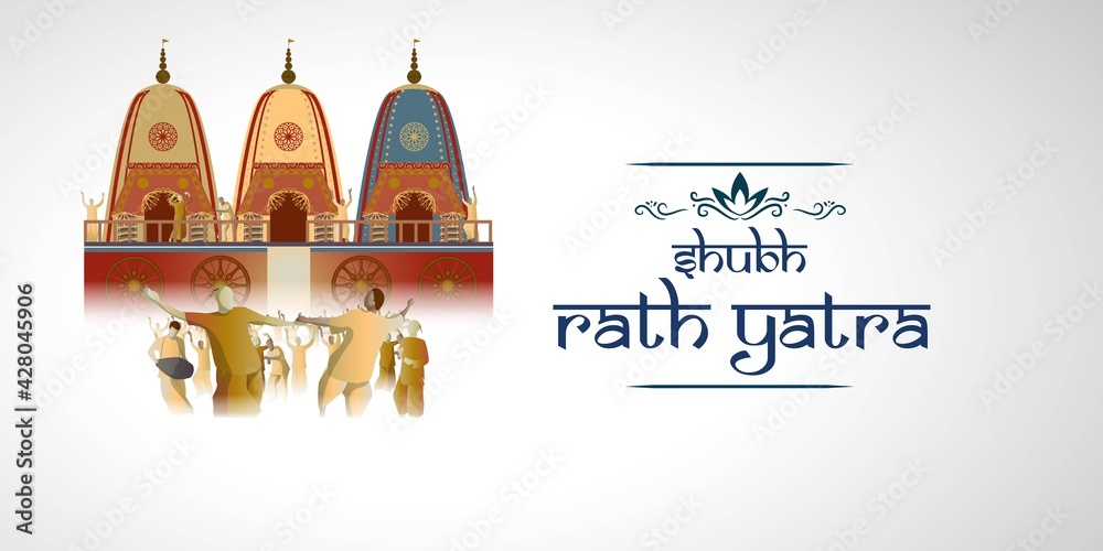 vector illustration for Indian festival Rath Yatra means Chariot Festival.
Illustration with temple on chariot with wheel and shiny background with confetti, peoples are celebrating the festival.