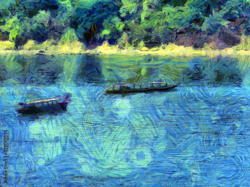 Landscape of the Mekong River in Thailand Illustrations creates an impressionist style of painting.
