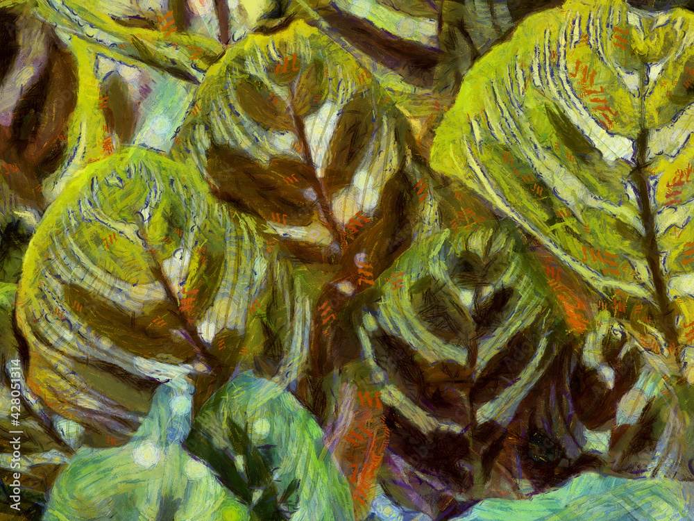 Obraz premium An ornamental shrub with beautiful leaves and various shapes Illustrations creates an impressionist style of painting.