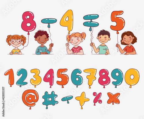 Funny kids with number balloons. Vector cute boys and girls collection. Multi-ethnic group of happy children. Different cartoon faces icons
