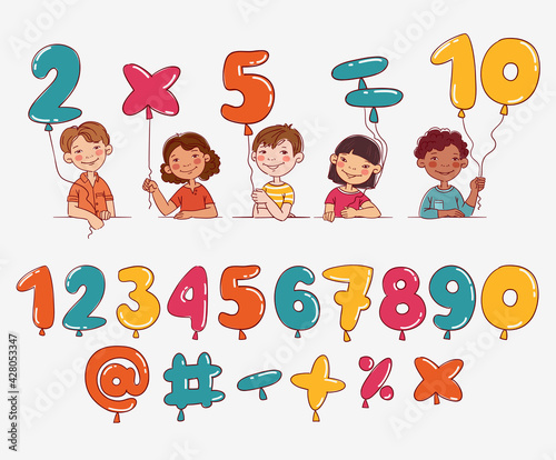 Funny kids with number balloons. Vector cute boys and girls collection. Multi-ethnic group of happy children. Different cartoon faces icons
