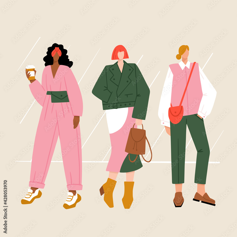Group of diverse modern women wearing trendy clothes. Casual stylish street fashion outfits. Girl power concept. Hand drawn characters colorful vector illustration.