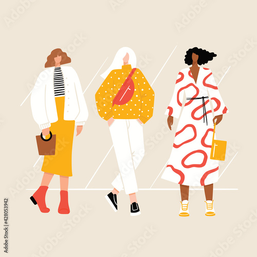 Group of diverse young modern women wearing trendy clothes. Casual stylish city street fashion outfits. Woman power concept. Hand drawn characters colorful vector illustration.