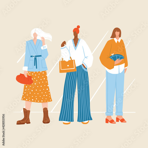 Group of diverse young modern women wearing trendy clothes. Casual stylish city street fashion outfits. Girl power concept. Hand drawn characters colorful vector illustration.