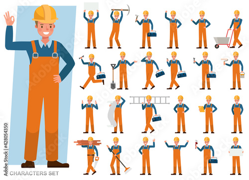 Set of Builder man wear orange jeans working character vector design. Presentation in various action with emotions, running, standing and walking.