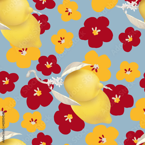 Fruit seamless pattern, pastel lemons and flowers on blue