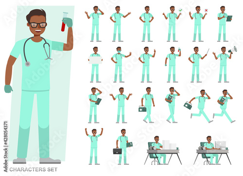 Set of Doctor man working character vector design. Presentation in various action with emotions, running, standing and walking.