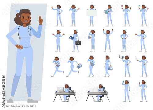 Set of doctor woman working character vector design. Presentation in various action with emotions, running, standing and walking.