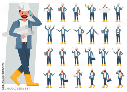 Set of Engineer man wear blue jacket working character vector design. Presentation in various action with emotions, running, standing and walking.