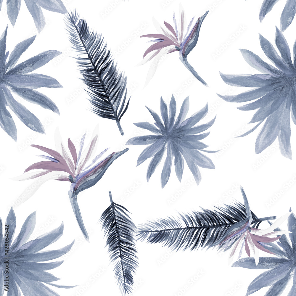 Fototapeta White Pattern Leaves. Gray Tropical Illustration. Cobalt Seamless Design. Blue Flower Nature. Indigo Floral Leaf. Flora Plant. Spring Botanical. Summer Foliage
