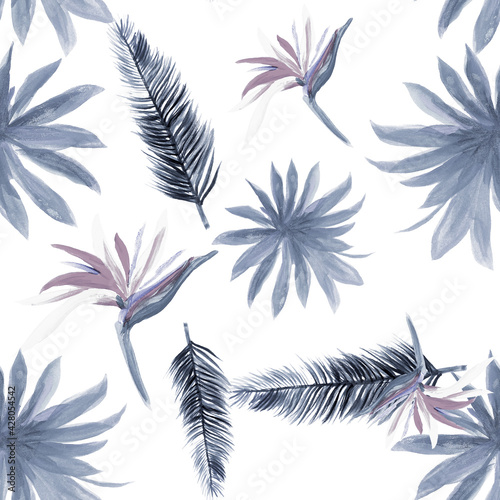 White Pattern Leaves. Gray Tropical Illustration. Cobalt Seamless Design. Blue Flower Nature. Indigo Floral Leaf. Flora Plant. Spring Botanical. Summer Foliage © Surendra