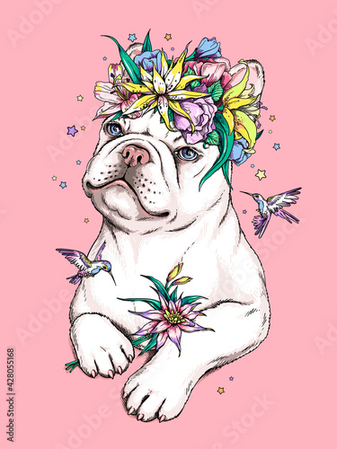 Cute french bulldog puppy in a floral wreath. Beautiful animal with flowers and birds. Stylish summer image for printing on any surface	