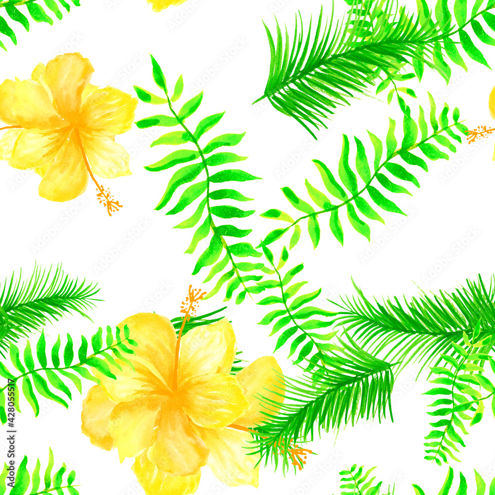 Natural Tropical Leaves. Organic Seamless Textile. Beige Pattern Background. Yellow Flower Exotic. Gray Spring Botanical. White Decoration Background. Garden Art.