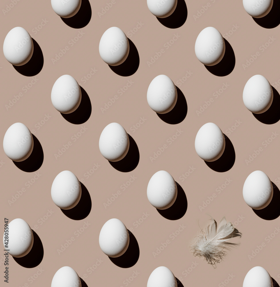 Chicken eggs and feather on beige background Pattern Chicken eggs and feather on beige background Pattern