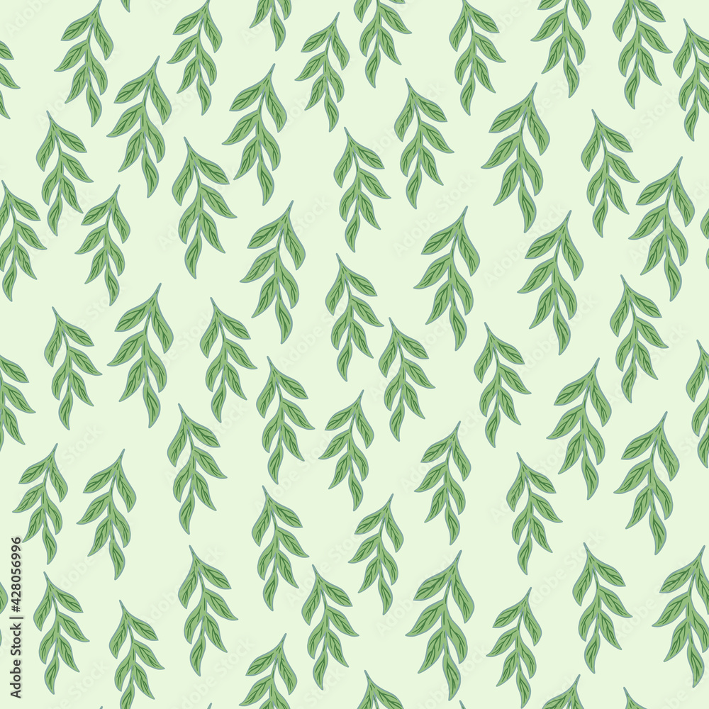 Fototapeta premium Little random green branches ornament seamless doodle pattern. Light background. Doodle abstract backdrop.