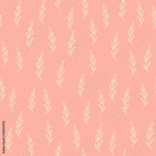 Scrapbook tropical seamless pattern with little branches silhouettes. Pastel pink background. Simple style.