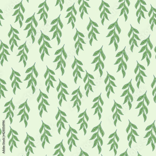 Little random green branches ornament seamless doodle pattern. Light background. Doodle abstract backdrop.