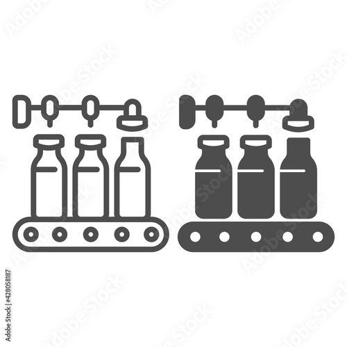 Conveyor with milk bottles line and solid icon, dairy products concept, bottling line sign on white background, Pour milk factory icon in outline style for mobile concept, web design. Vector graphics.