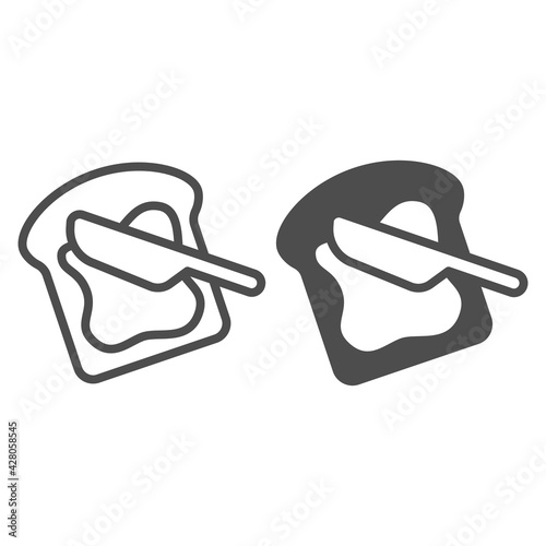 Slice of buttered bread and knife line and solid icon, dairy products concept, toast slice with butter sign on white background, french-toast icon in outline style for mobile and web. Vector graphics.