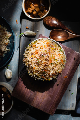 Fried rice served with Schezwan Tofu photo