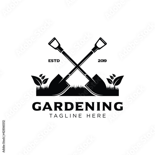 Gardening service vector round emblem with shovel