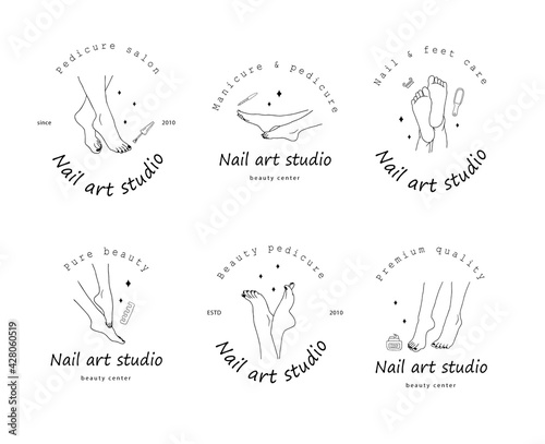 Pedicure salon logo template. Foot care concept. Modern design for nail art studio, beauty and spa center. Linear vector illustration in a trendy minimalist style.