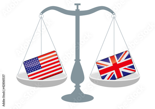 天秤と国旗　アメリカとイギリスの国旗　国家対立　国家紛争　国際司法　貿易のイメージイラスト