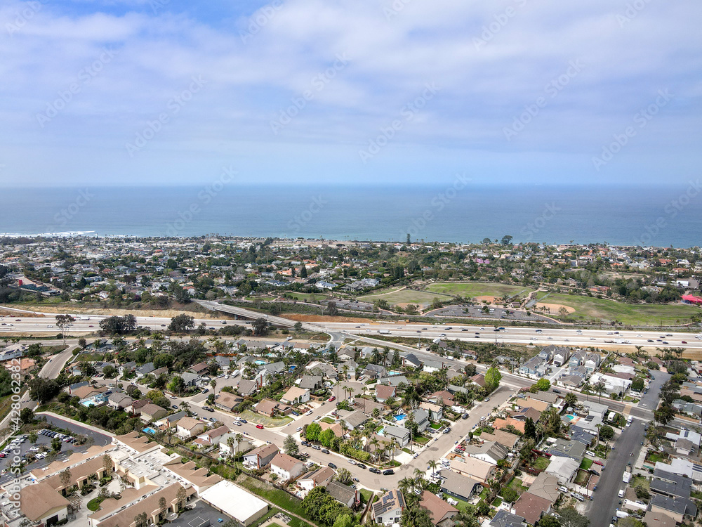Aerial view of Cardiff town, community in the incorporated city of Encinitas in San Diego County, California. USA Aerial view of Cardiff town, community in the incorporated city of Encinitas in San Diego County, California. USA