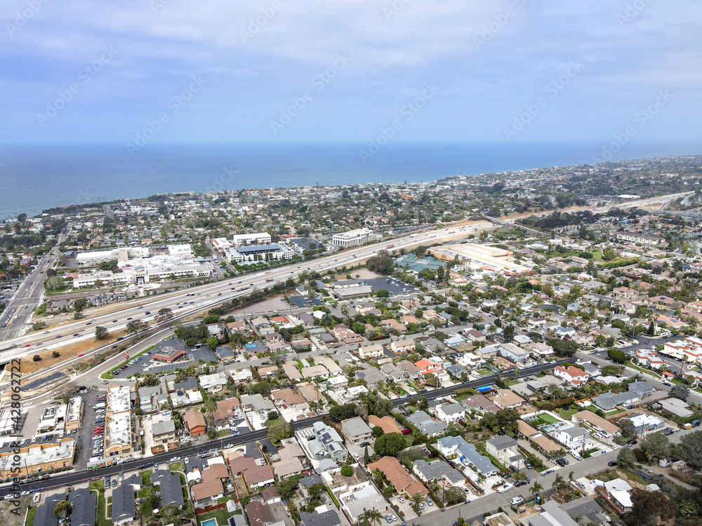 Aerial view of Cardiff town, community in the incorporated city of Encinitas in San Diego County, California. USA