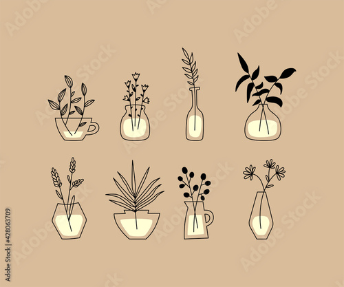 Set of vector images. Logo for businesses in the beauty, health, personal care, natural cosmetics, flower business. Linear illustration of flowers in a vase. Various plants and vases