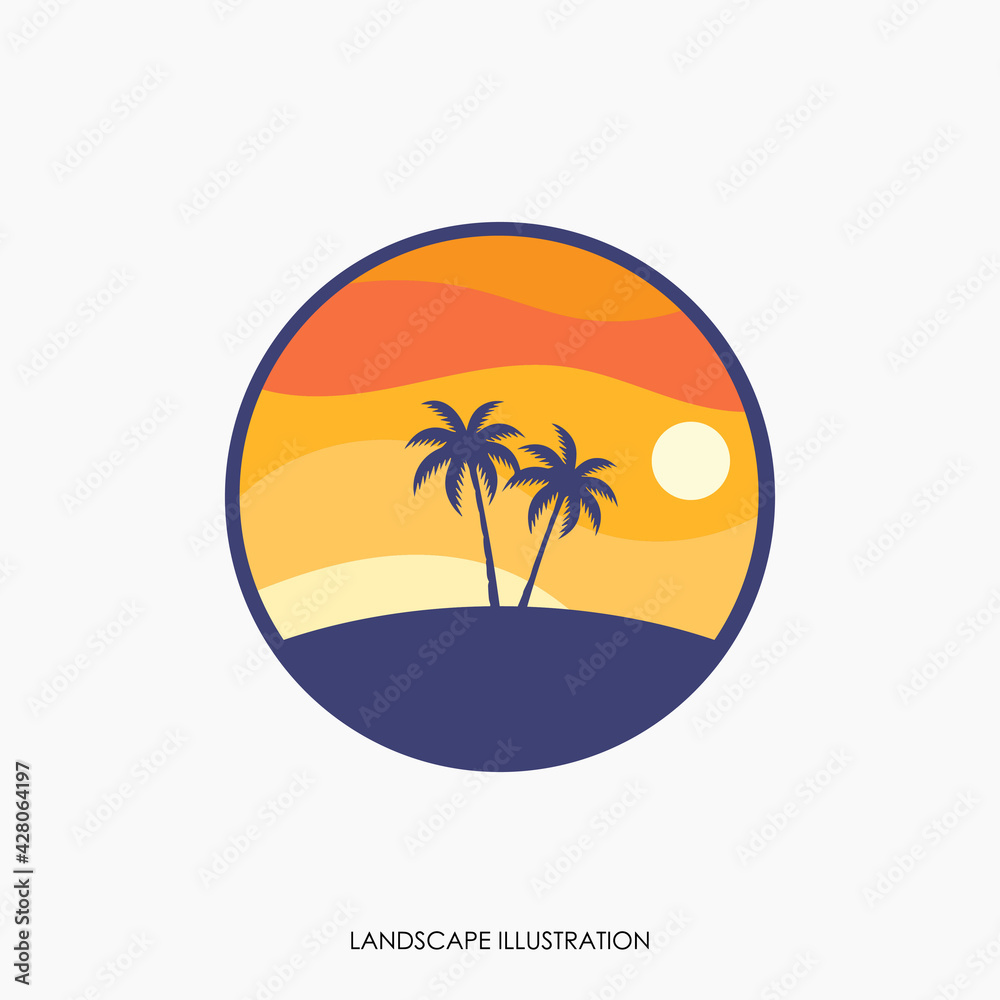 Beach logo design template, with sunset icon and coconut tree